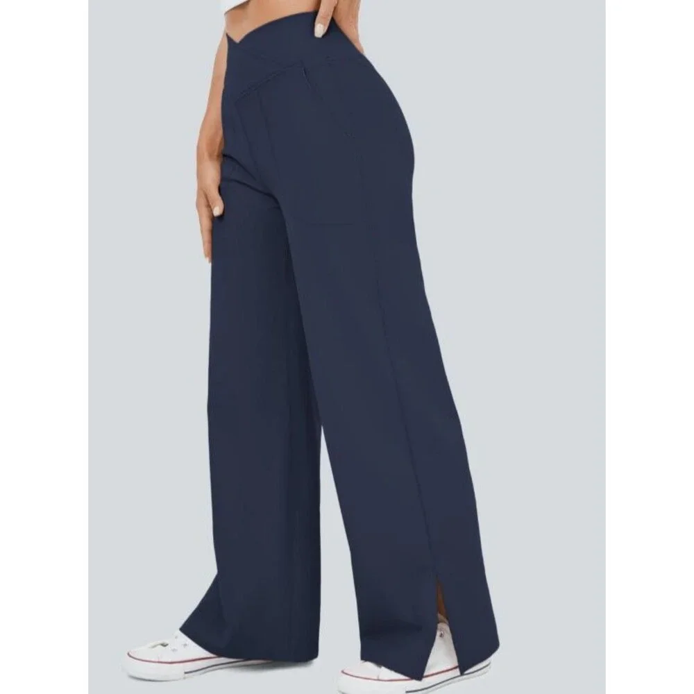 Halara Navy Crossover Wide Leg Split Ankle Active Yoga Pants Size Large - Picture 9 of 11